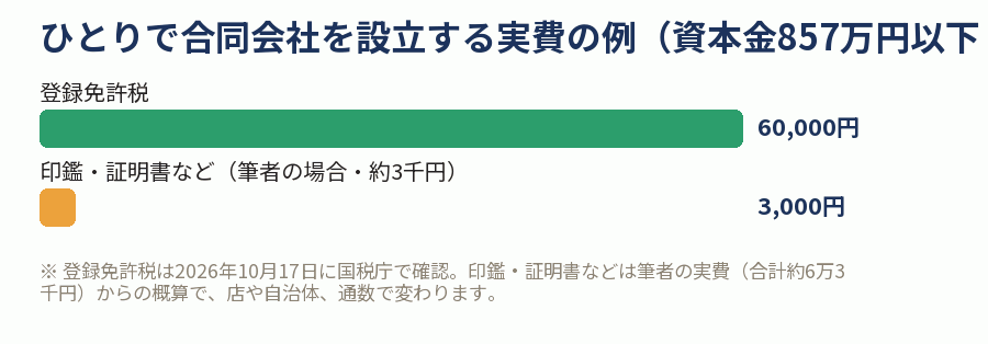 ひとりで合同会社を設立する実費の例(資本金857万円以下・電子定款)