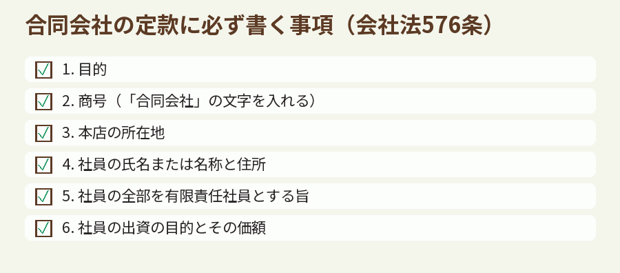 合同会社の定款に必ず書く事項(会社法576条)