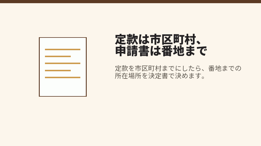 定款は市区町村、申請書は番地まで