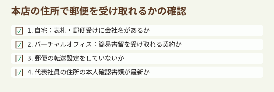 本店の住所で郵便を受け取れるかの確認