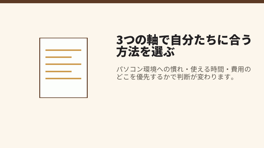 3つの軸で自分たちに合う方法を選ぶ