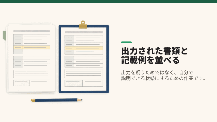 出力された書類と記載例を並べる