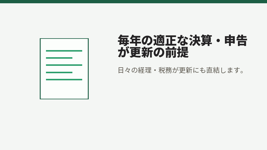 毎年の適正な決算・申告が更新の前提