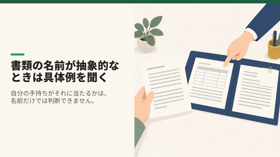 書類の名前が抽象的なときは具体例を聞く