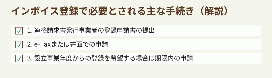 インボイス登録で必要とされる主な手続き(解説)