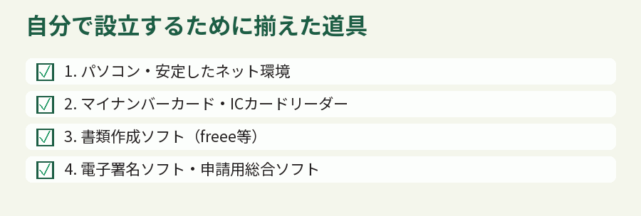自分で設立するために揃えた道具
