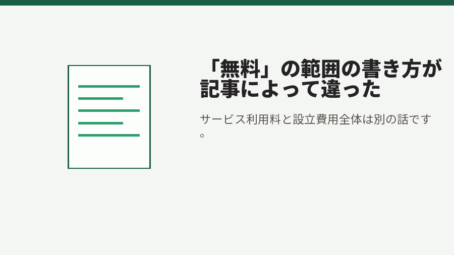 「無料」の範囲の書き方が記事によって違った
