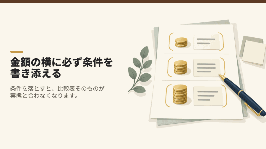 金額の横に必ず条件を書き添える