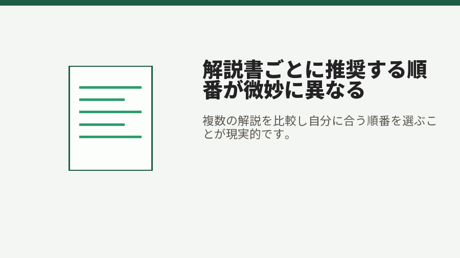 解説書ごとに推奨する順番が微妙に異なる