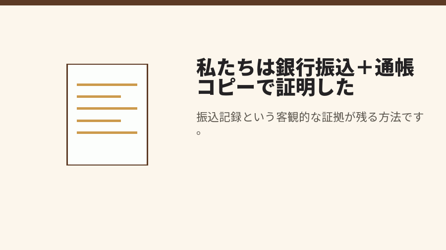 私たちは銀行振込＋通帳コピーで証明した