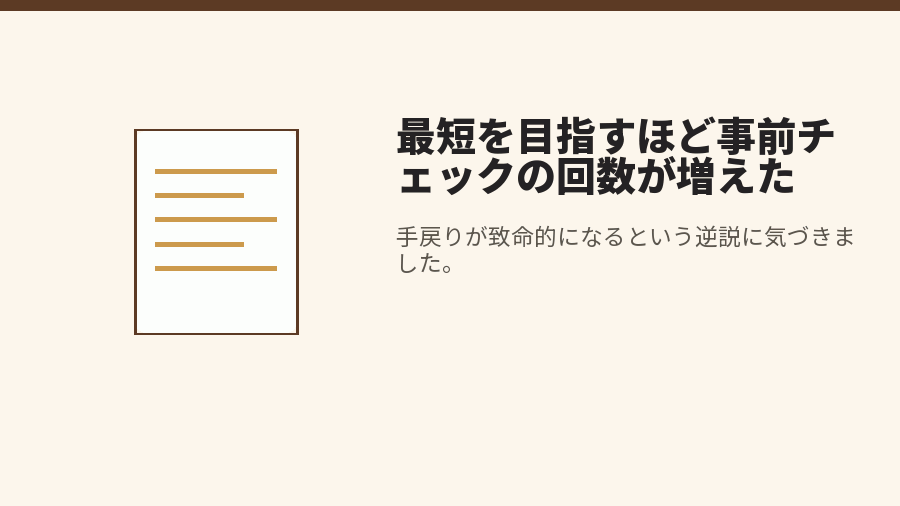 最短を目指すほど事前チェックの回数が増えた