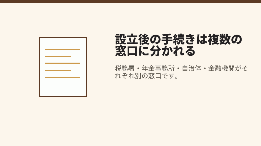 設立後の手続きは複数の窓口に分かれる