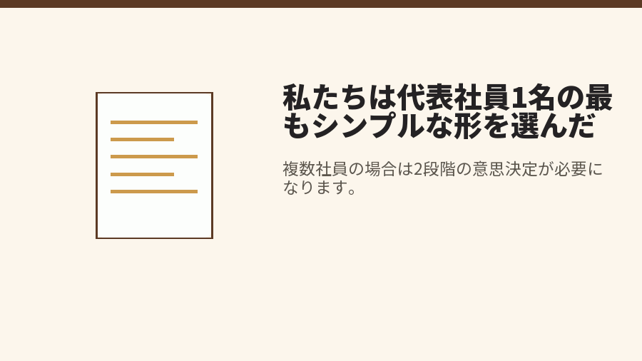 私たちは代表社員1名の最もシンプルな形を選んだ