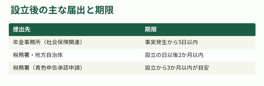 設立後の主な届出と期限