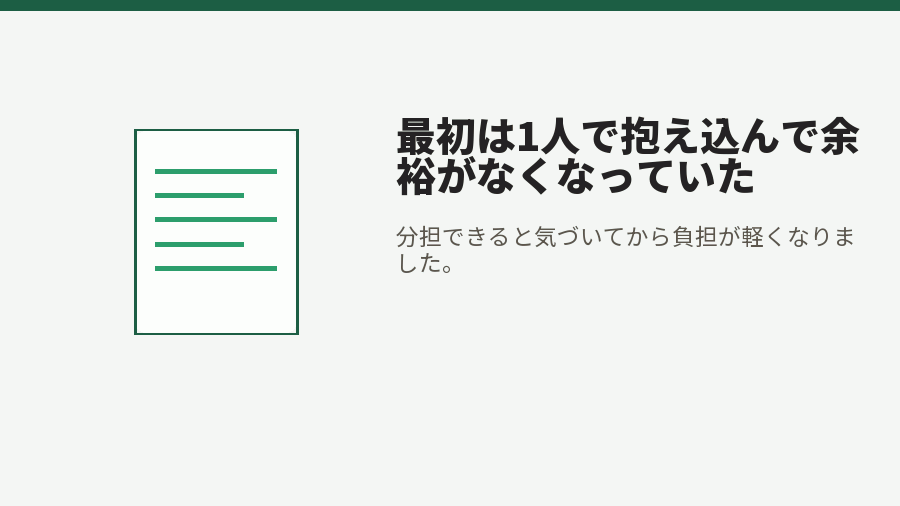 最初は1人で抱え込んで余裕がなくなっていた